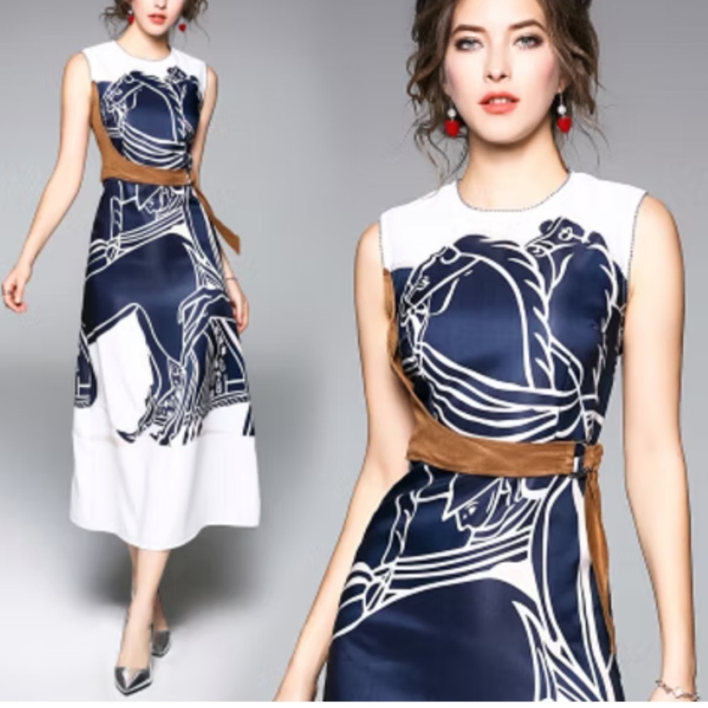 Navy & White Sleeveless Midi Dress with Brown Belt